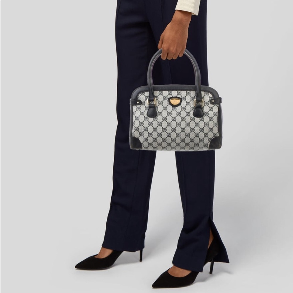 Vintage GUCCI Navy Blue Leather GG Satchel Tote - Picture 15 of 16